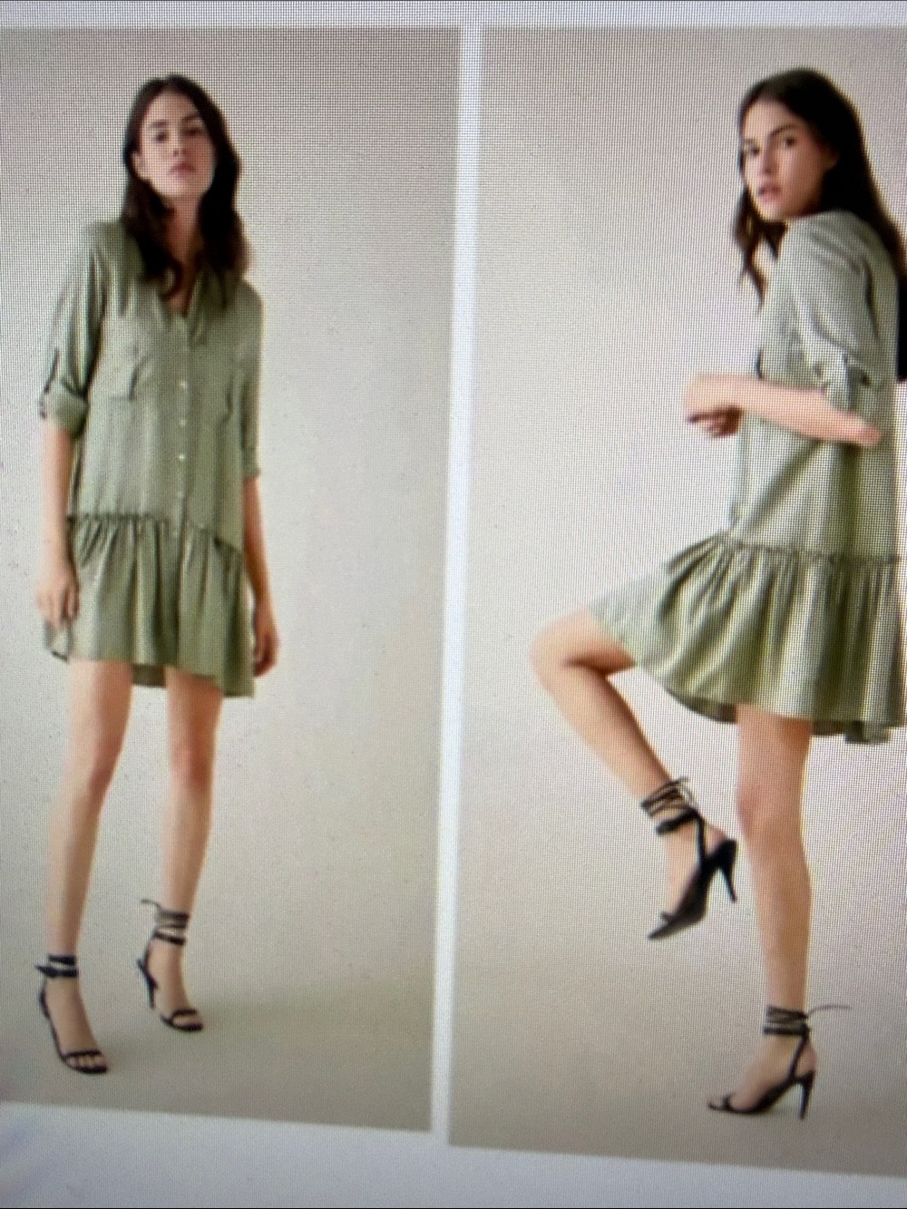 Zara Olive LongSleeve Babydoll Ruffle Hem ButtonDown Utility Mini Shirt Dress XL